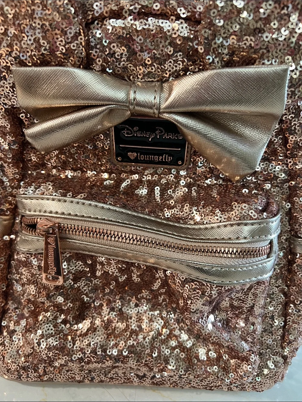 Loungefly Rose Gold Sequin Mini Backpack with Metallic Bow Ears
